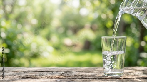 Clear water being poured from a glass jug into a transparent glass on a rustic wooden table, with bubbles forming in the glass against a beautiful blurred green nature background, high copy space.