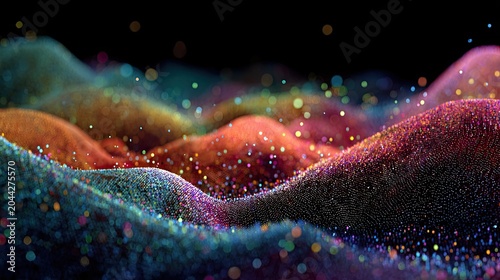 Vibrant, flowing particles create a textured, abstract landscape