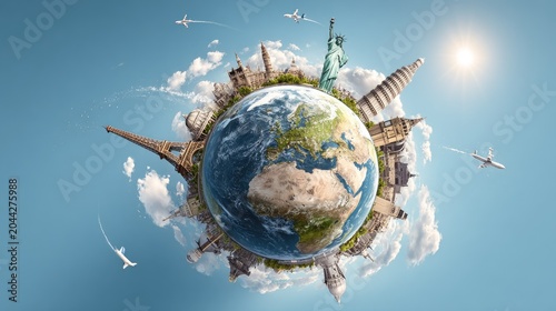 Globe with world landmarks, planes, and sun