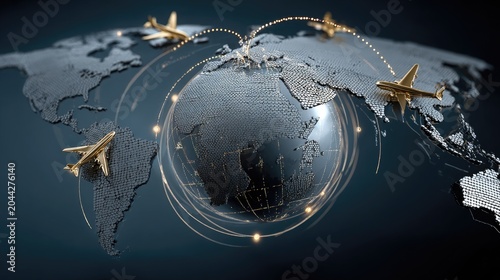 Global flight paths connect continents with golden airplanes
