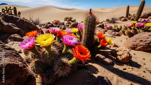 Bright Desert Blossom Against Sandy Background – Resilient Flower in Dry Climate, Striking Nature Image for Ecology, Travel, and Design Use