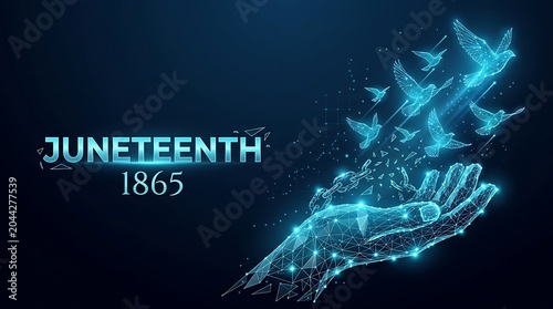 Glowing low poly hand releasing digital birds celebrating juneteenth 1865. low poly juneteenth with juneteenth emancipation celebration abstract technology. low poly juneteenth