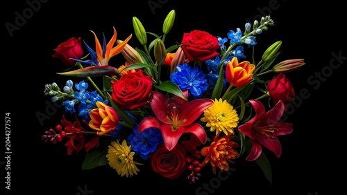 Colorful Floral Arrangement with Dark Backdrop – Bold Studio Photography Flowers, Elegant Contrast Image for Advertising and Creative Projects