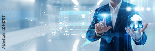 Картината върху платно IT professional hand touching cloud computing server icon on virtual dashboard to manage remote data storage, optimize network infrastructure and ensure secure access for digital teams