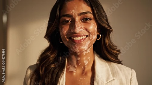 Young woman with vitiligo in white blazer under warm light