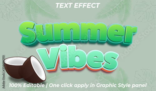 Summer Vibes 3D Editable Text Effect Vector Template with Tropical Leaves Background