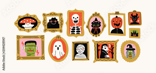 Tableau sur toile Set of funny handdrawn simple Halloween portraits in frames