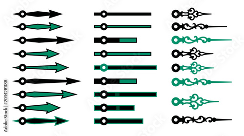 Set of diverse clock hands and watch needles featuring modern arrows and vintage ornate filigree styles in black and green, provides assets for time design, illustrating precision repair