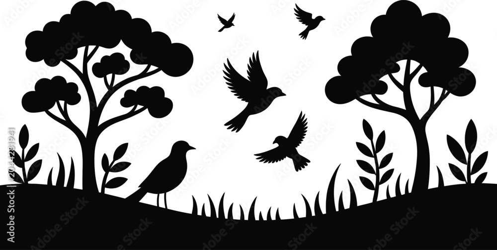 Obraz premium Black silhouette birds flying trees grass landscape isolated on white background nature scene