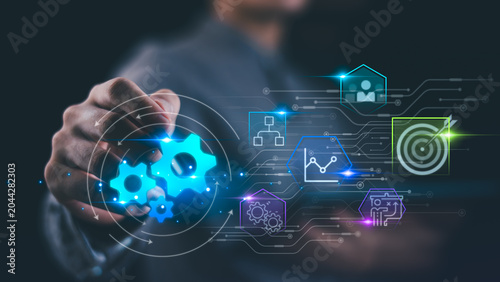 Foto Business analyst managing process automation and digital transformation with smart workflow optimization, data analytics, operational management, system integration, and technology strategy