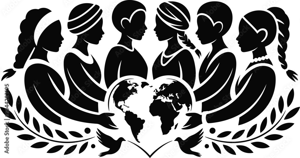 Fototapeta premium Diverse group of women from around the world in silhouette style holding heart shaped globe on white background