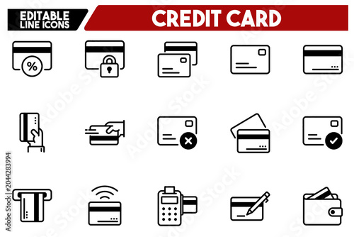 Credit Card Line Icons Set Payment Banking Finance Editable Stroke