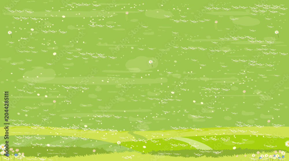 Obraz premium Summer and spring landscape background.Nature green meadow,grass field,rural hills view,flower scenery.Vector cartoon countryside illustration panoramic outdoor environment,Wall art decorative design