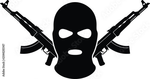 Bild auf Leinwand Assault rifles and balaclava silhouette against a white background