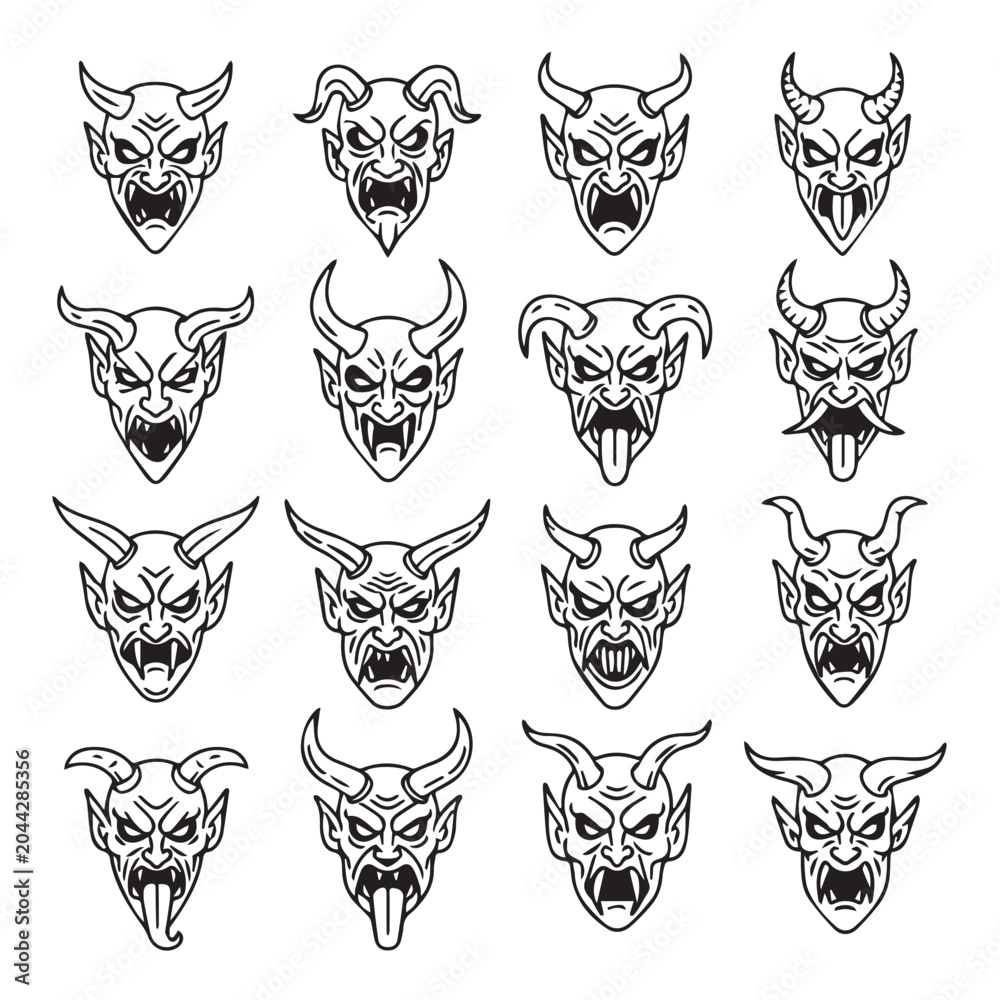 Obraz premium Collection of stylized devil faces with horns and fangs in a graphic illustration style for concept design