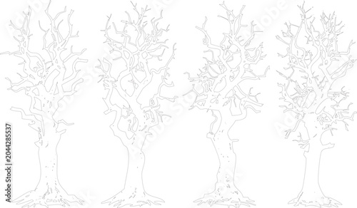 Foto Four identical tree line drawings with twisted trunks and branches on transparen