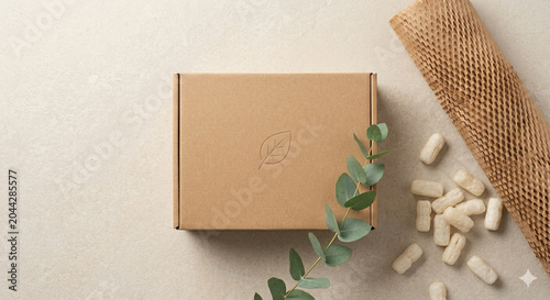 Minimalist cardboard packaging box with natural decoration on light background