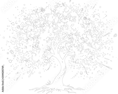 Photos Tree with flowers leaves and petals blowing in the wind outside