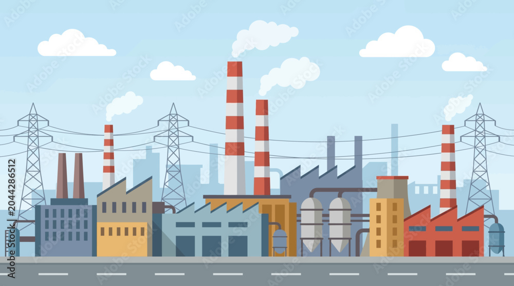 Obraz premium A factory scene with industrial buildings smokestacks and power lines under a blue sky with clouds