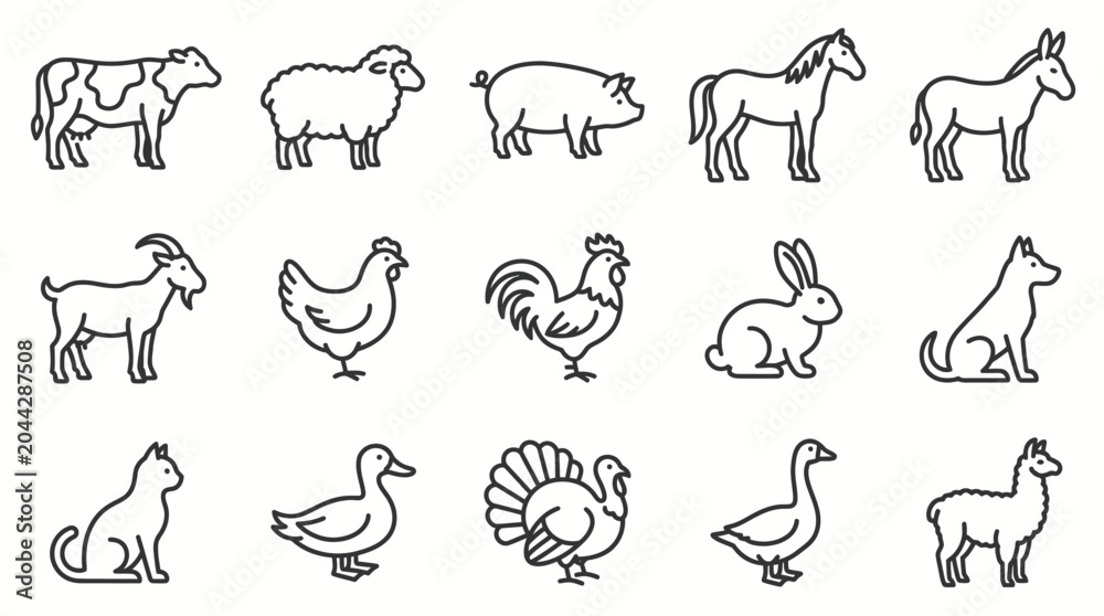 Fototapeta premium Set of farm animals outline icons collection.
