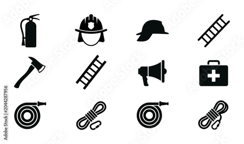 Firefighter equipment set, silhouette icons, for emergency services and safety