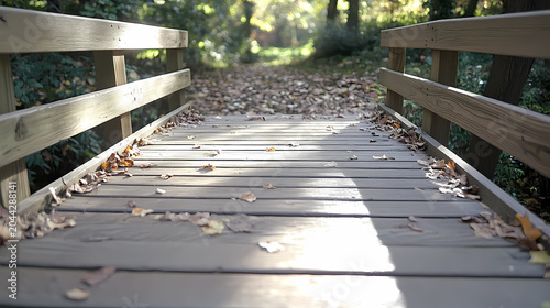 Wooden Footbridge Pathway Through Autumn Leaves