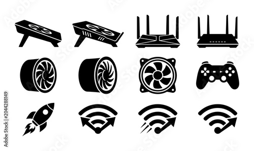 12 Computer Hardware and Gaming Icons, Silhouette, for Technology and Gaming