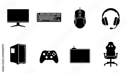 8 Gaming Accessories Silhouette Icons, Flat, for PC Setup and Entertainment