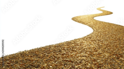A winding path made of golden pebbles, leading into the distance against a stark white background. The path curves gracefully, suggesting a journey or a pathway forward