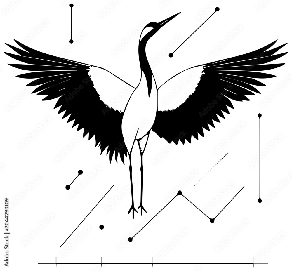 Obraz premium A crane stands with outstretched wings on a graph background symbolizing growth and freedom in business and nature