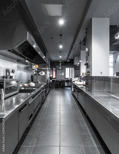 Long, stainless-steel commercial kitchen, empty