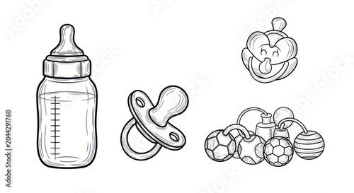 Fotografia Baby bottle and pacifier with toys.