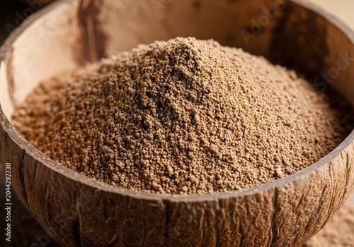 A macro view of finely ground, unsweetened coconut flour filling a rough textured coconut shell, showcasing its natural organic culinary ingredient properties for healthy baking and dietary