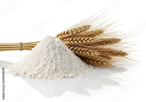 A generous mound of fine, powdery flour is presented alongside golden stalks of wheat, evoking the natural bounty and wholesome ingredients essential for baking delicious bread and pastries