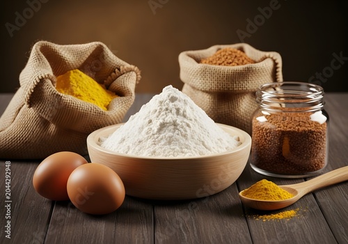 A delightful assortment of baking components, including richly hued spices, fresh eggs, and finely milled flour, creates a welcoming scene for culinary creativity and homemade deliciousness
