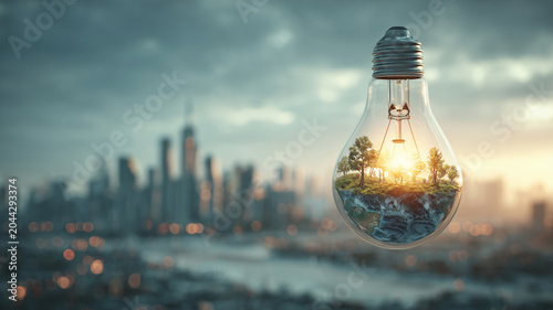 Glowing light bulb encases miniature earth scene
