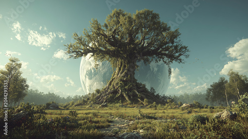 Massive ancient tree with planet in background