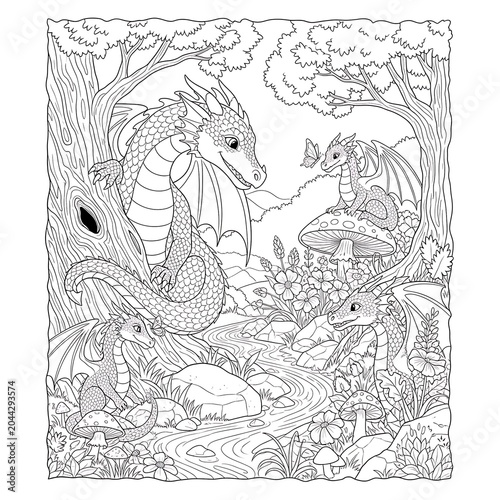 Intricate black and white line art illustration of a mythical creature.