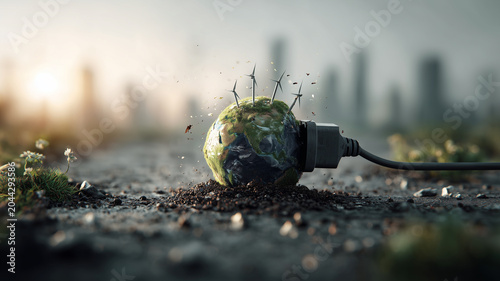 Small earth with wind turbines and plug symbolizes energy