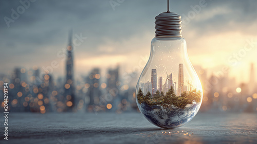 Cityscape inside light bulb with glowing bokeh effect