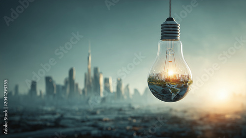 Cityscape inside glowing light bulb at sunrise