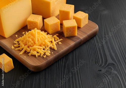 Sharp cheddar cheese is presented in various forms, including blocks, cubes, and freshly grated shreds, artfully arranged on a rustic wooden board, evoking a sense of culinary preparation