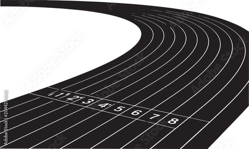 Black running track with lanes and white numbers for athletics sports competition at a stadium on a curved field path