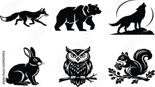 Photography Wild Forest Animal Silhouette Bundle Featuring Fox Bear Wolf Rabbit Owl and Squi