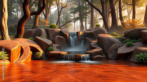 Tranquil 3D Stylized Woodland Waterfall Flowing Over Smooth Rocks into a Warm Amber Pool Amidst Morning Mist