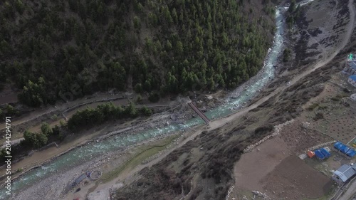 Drone shot of mountain river in chitkul india