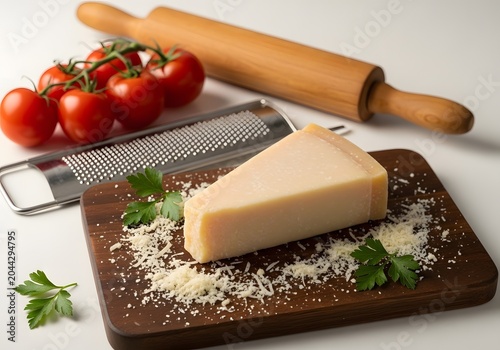 A delicious wedge of aged hard cheese rests on a wooden board sprinkled with grated cheese, accompanied by ripe vine tomatoes, fresh parsley, and a hand-held grater, suggesting culinary