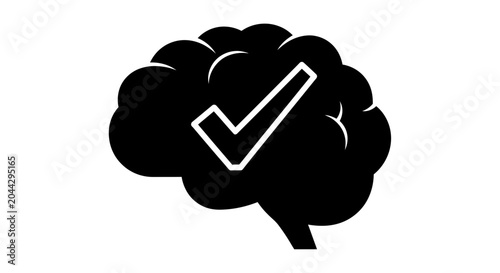 Photos Brain icon featuring a prominent check mark symbol represents cognitive success, mental clarity, and the achievement of accurate analytical thinking processes
