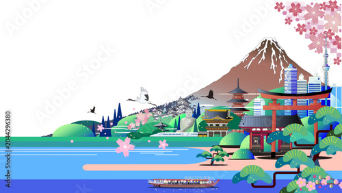 Schilderij op canvas 富士山と桜、日本の名所や伝統的なランドマークを表現した日本の観光・旅行ベクターイラスト（コピースペース付き）