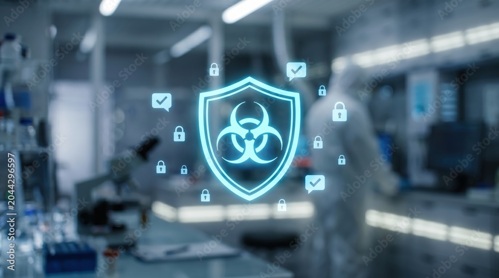 Fototapeta premium Biohazard Cyber Defense Concept: Glowing Neon Blue Shield and Security Icons Over Blurred Pharmaceutical Cleanroom